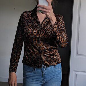 Vintage copper metallic shirt, sheer on the black part of the pattern -stunning!